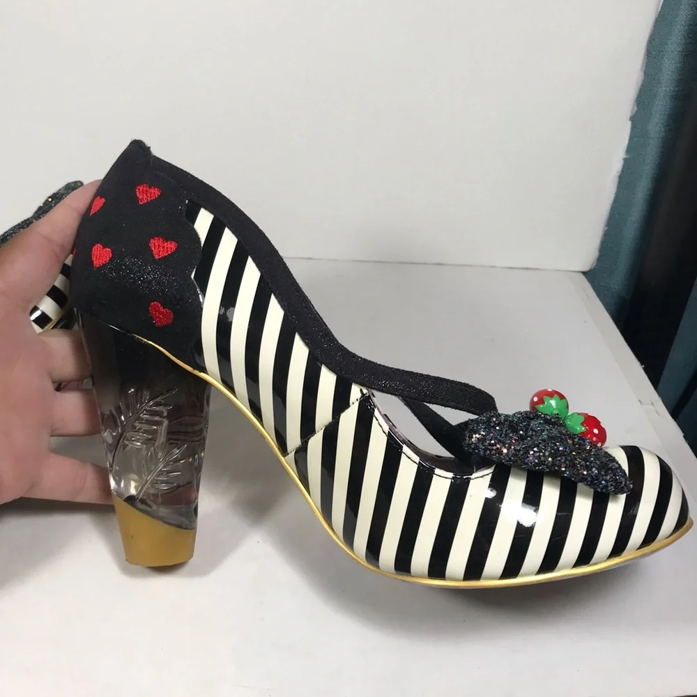 Irregular Choice Black and White Striped Heels with Red Heart Strawberry Accent - Picture 5 of 7